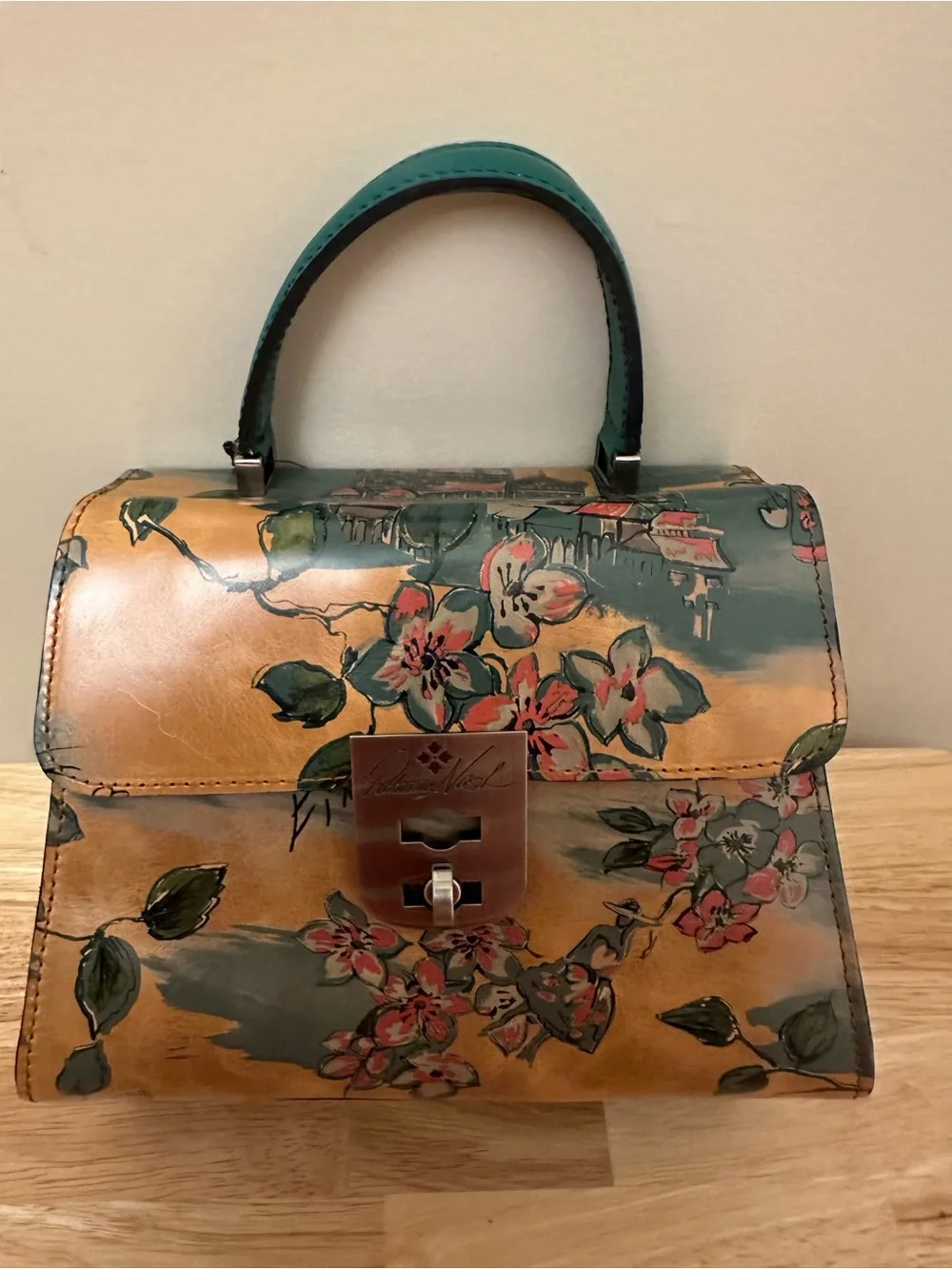Patricia Nash Floral Top-Handle Satchel in Tan and Green